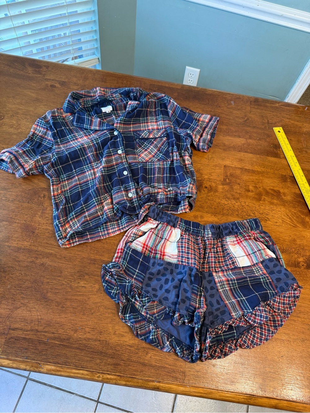 Aerie Flannel Plaid Patchwork Pajama Set Ruffle Shorts M Top XS Bottoms